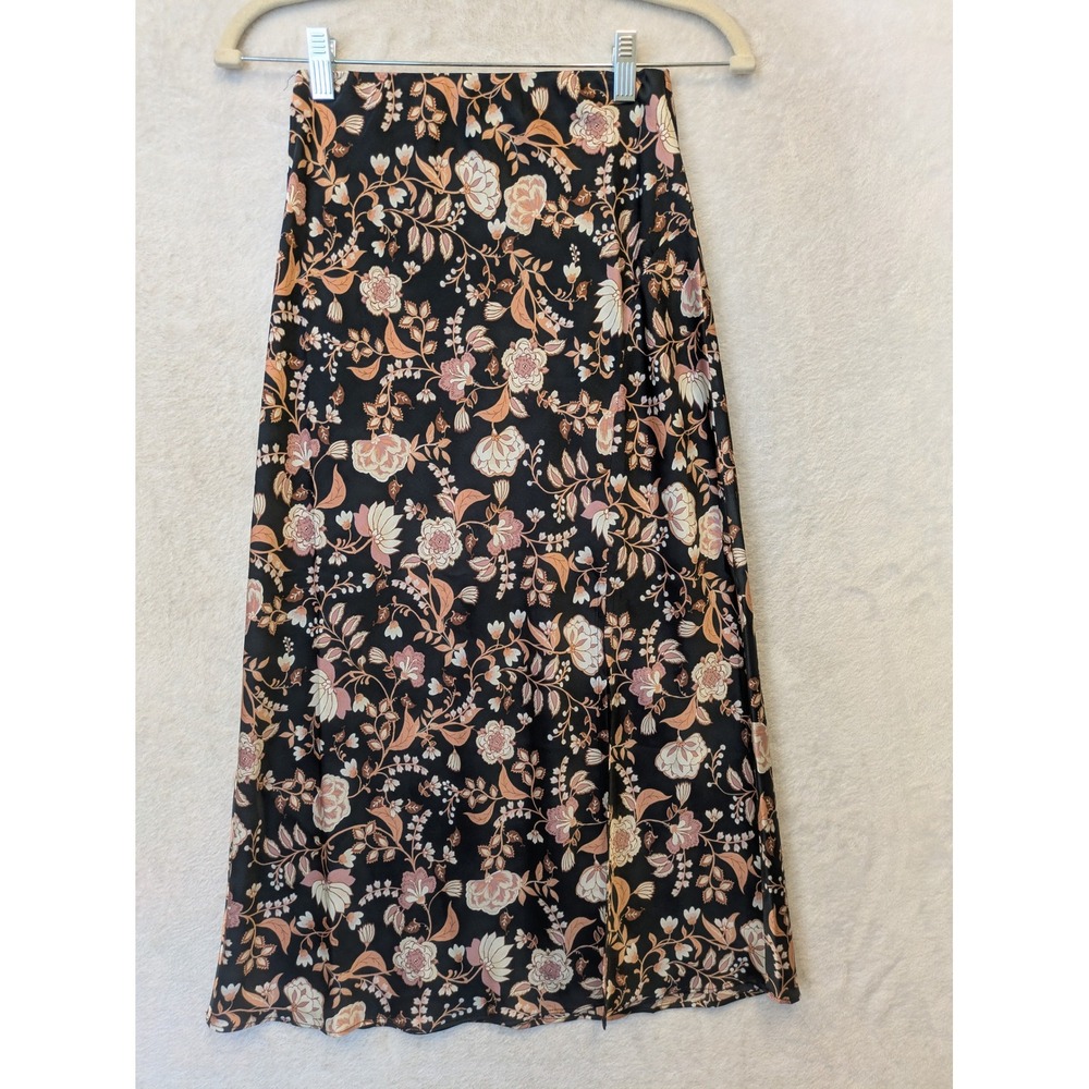 Blue Rain x Francesca's Midi Skirt Women's XS Black Floral Satin Side Slit Boho